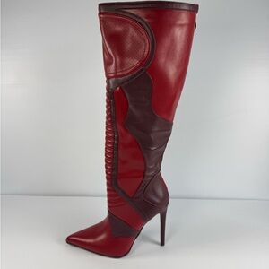 AKIRA Rodrigo Red Over The Knee Stiletto Boots Pointed Toe Moto Panel multi size